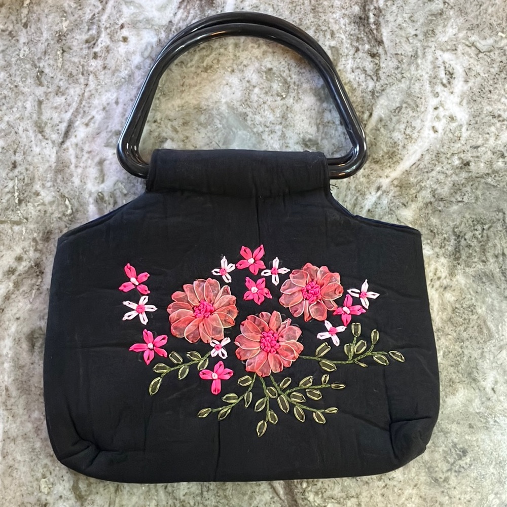 Floral Embroidered Black Handbag